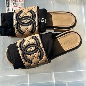 CHANEL Leather Sandal Beige Black